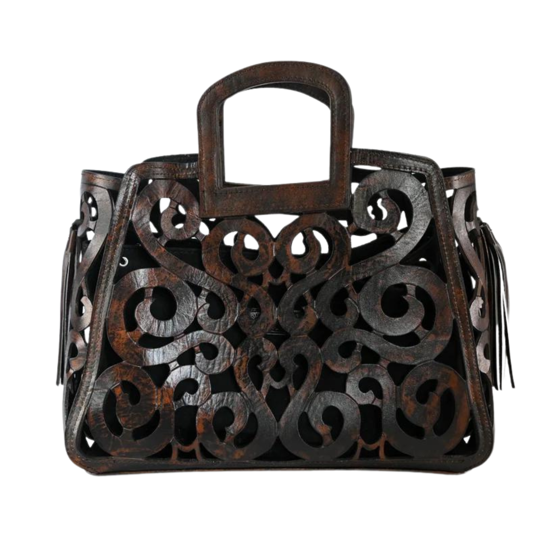 Tortoise leather tote with an intricate scroll pattern, black suede lining, snap closure, and leather tassels on both sides.