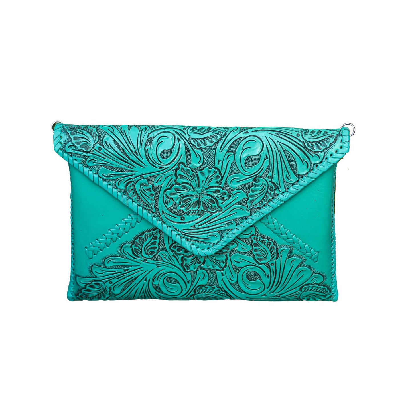 turquoise crossbody bag with detailed embossed floral patterns, designed to hold an iPad and other essentials.