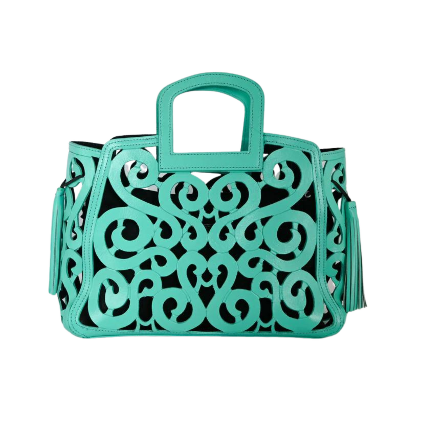 turquoise leather tote with intricate scroll patterns and tassels on the sides. It features a cut-out handle and a decorative design.