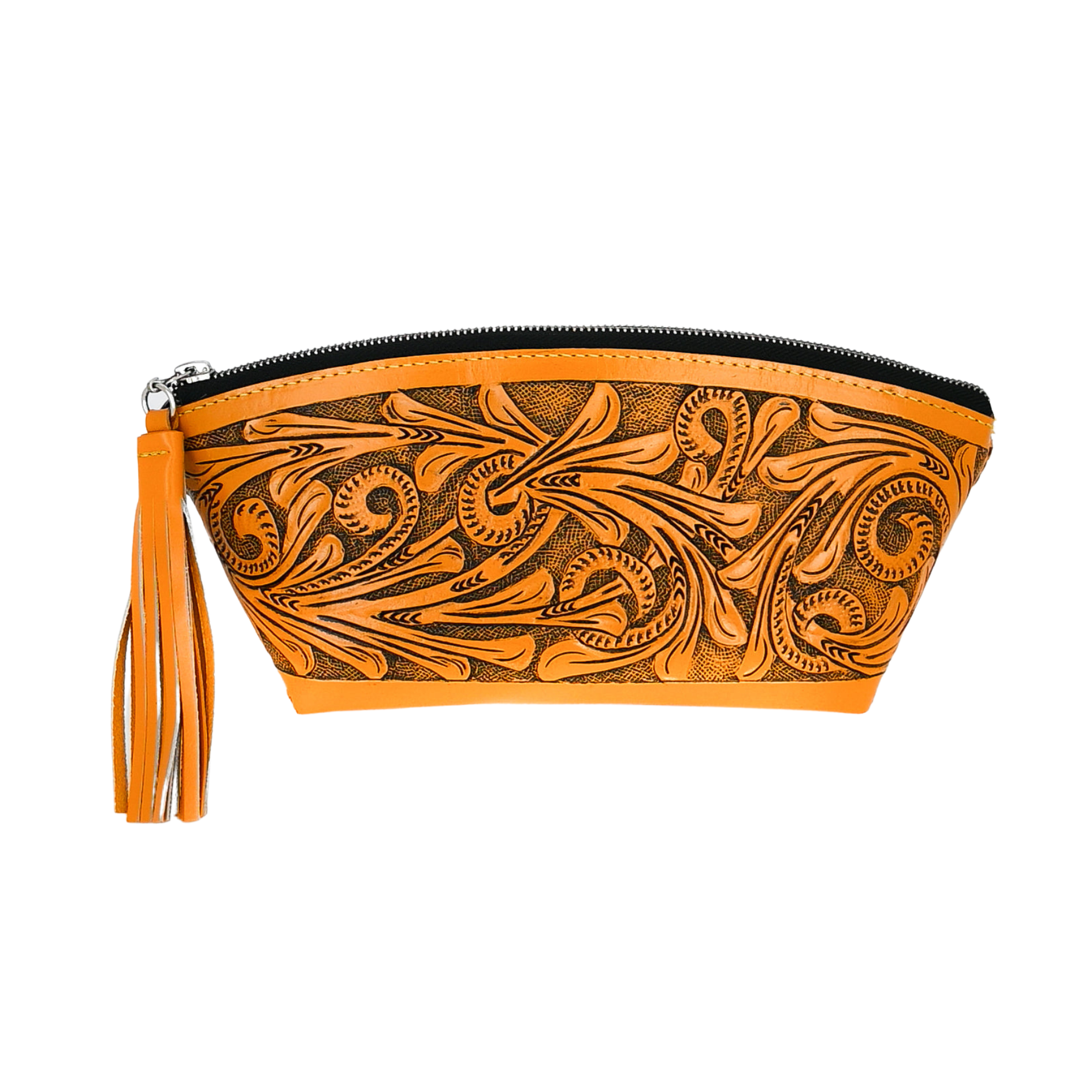 yellow leather cosmetic bag with intricate hand-tooled floral patterns on both sides. It features braided seams, a full zipper top, a sueded interior, a decorative tassel, and brass studs at the bottom.