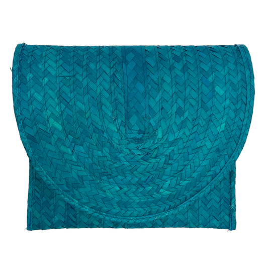 turquoise woven clutch bag with a semi-circular flap closure, featuring a detailed woven pattern.