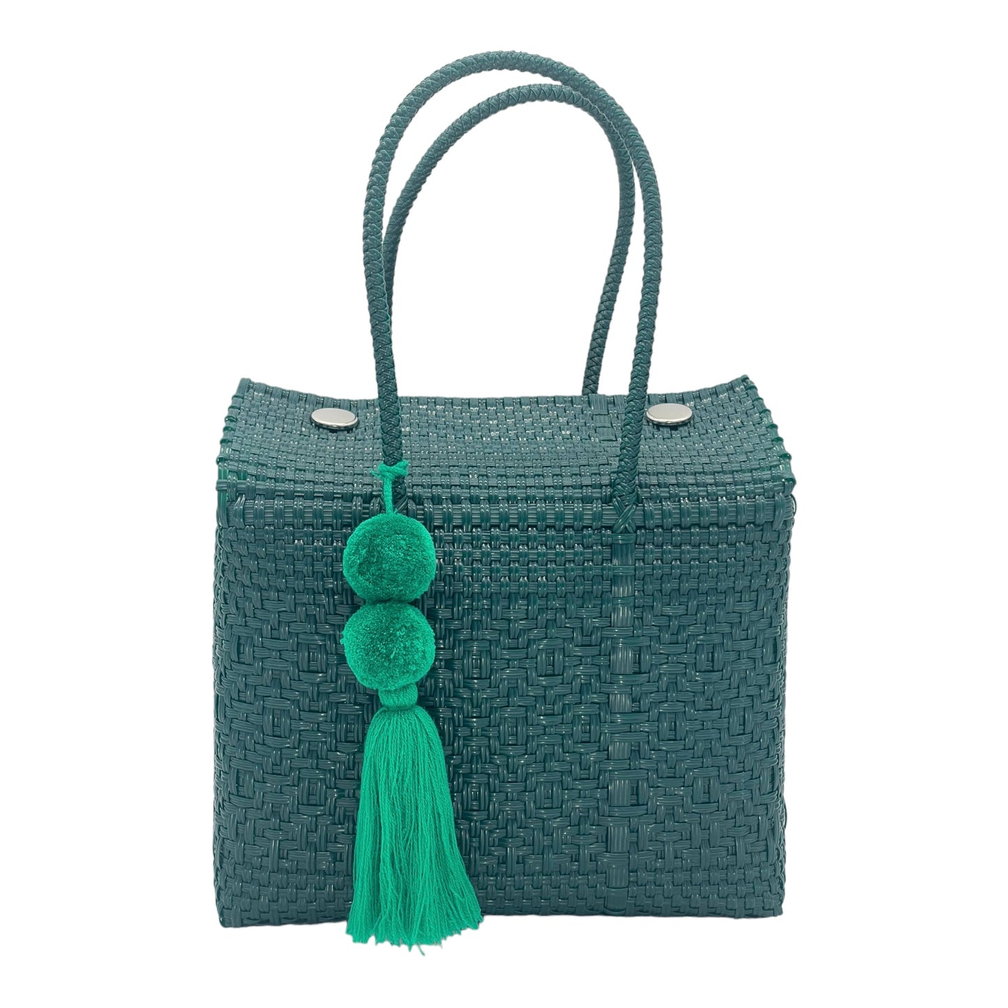 Solid dark green woven handbag with a simple pattern, featuring a  pom-pom tassel.