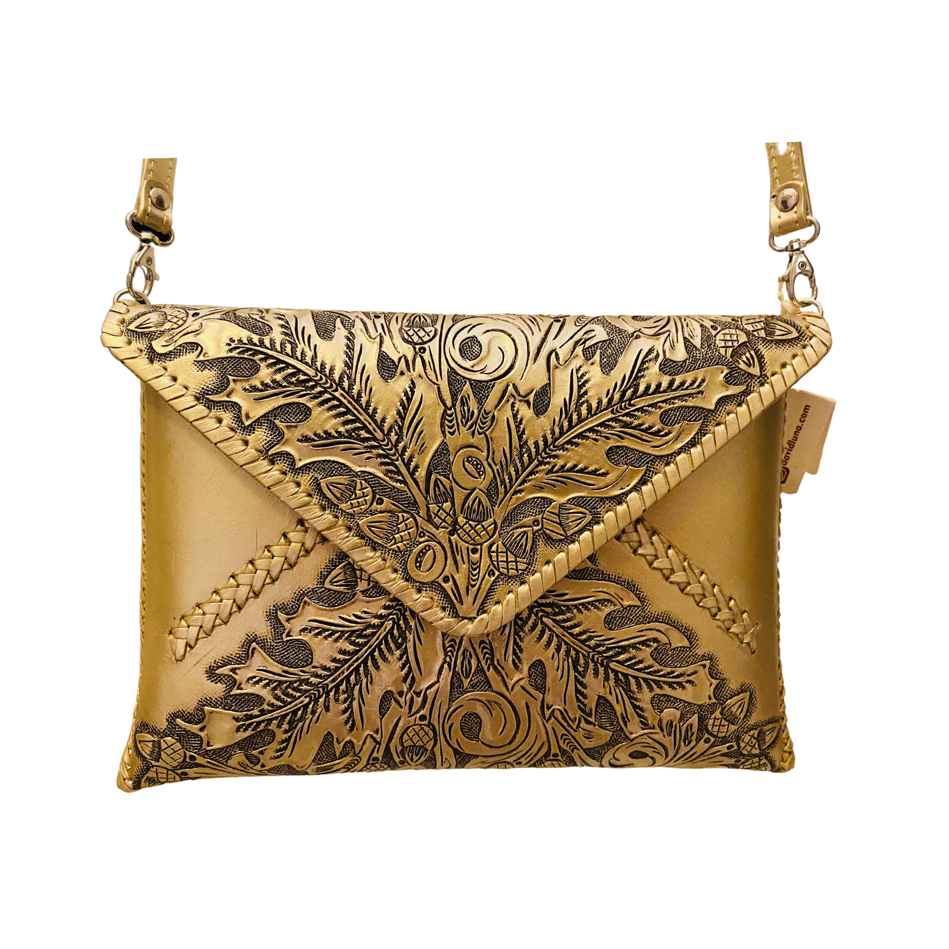 gold crossbody bag with detailed embossed floral patterns, designed to fit an iPad and other essentials.