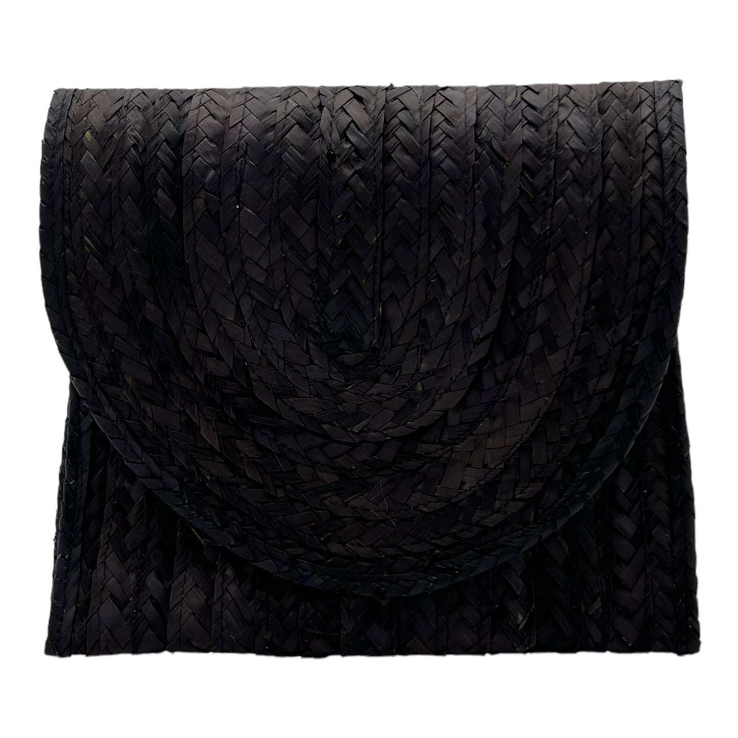 black, woven clutch handbag with a textured pattern and a flap closure.