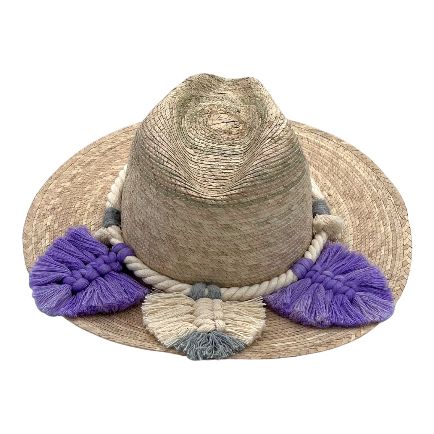 featuring a braided band decorated with purple, white, and gray tassels.