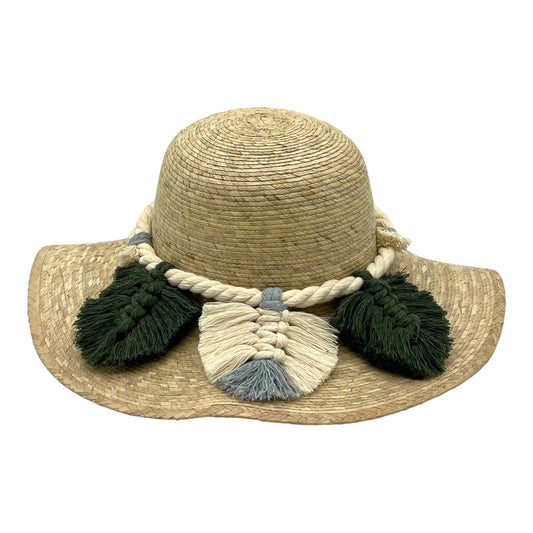 woven sun hat made from Mexican palm leaf straw. It features a wide brim and is decorated with green and beige tassels and a braided band around the crown.