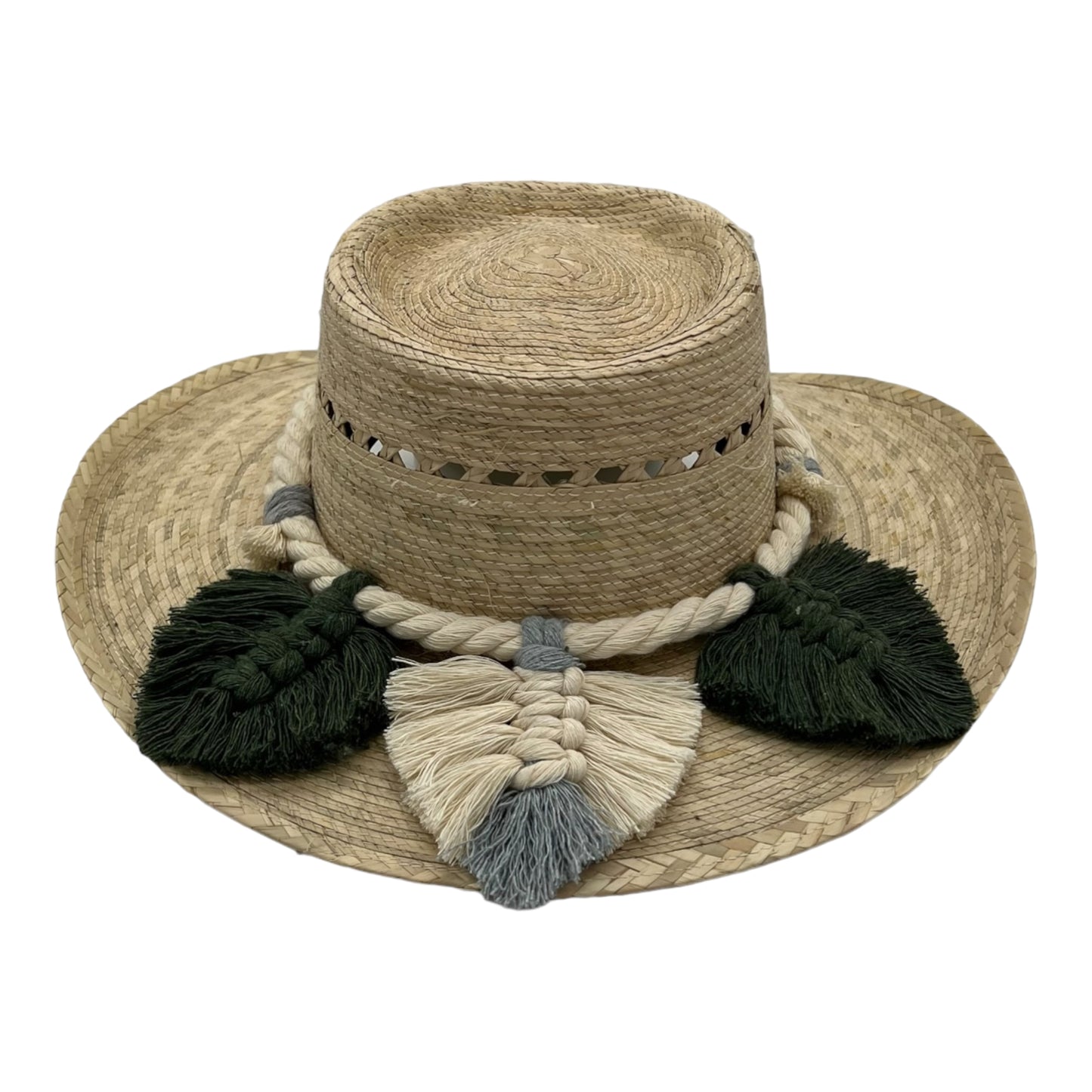 natural straw hat with a flat crown, decorated with a braided white band and dark green and cream tassels around the brim.