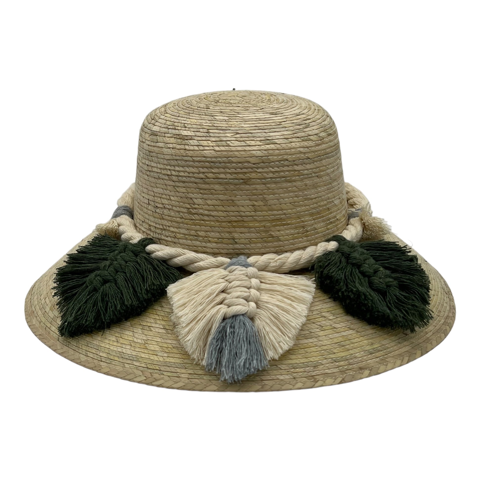 woven straw hat with a wide brim, decorated with green and beige tassels and a braided band around the crown. The hat has a natural straw color.