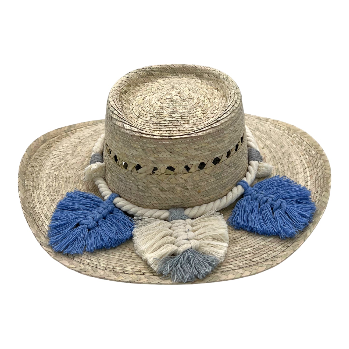 natural straw hat with a flat crown, featuring a braided white band and decorated with blue and cream tassels around the brim.