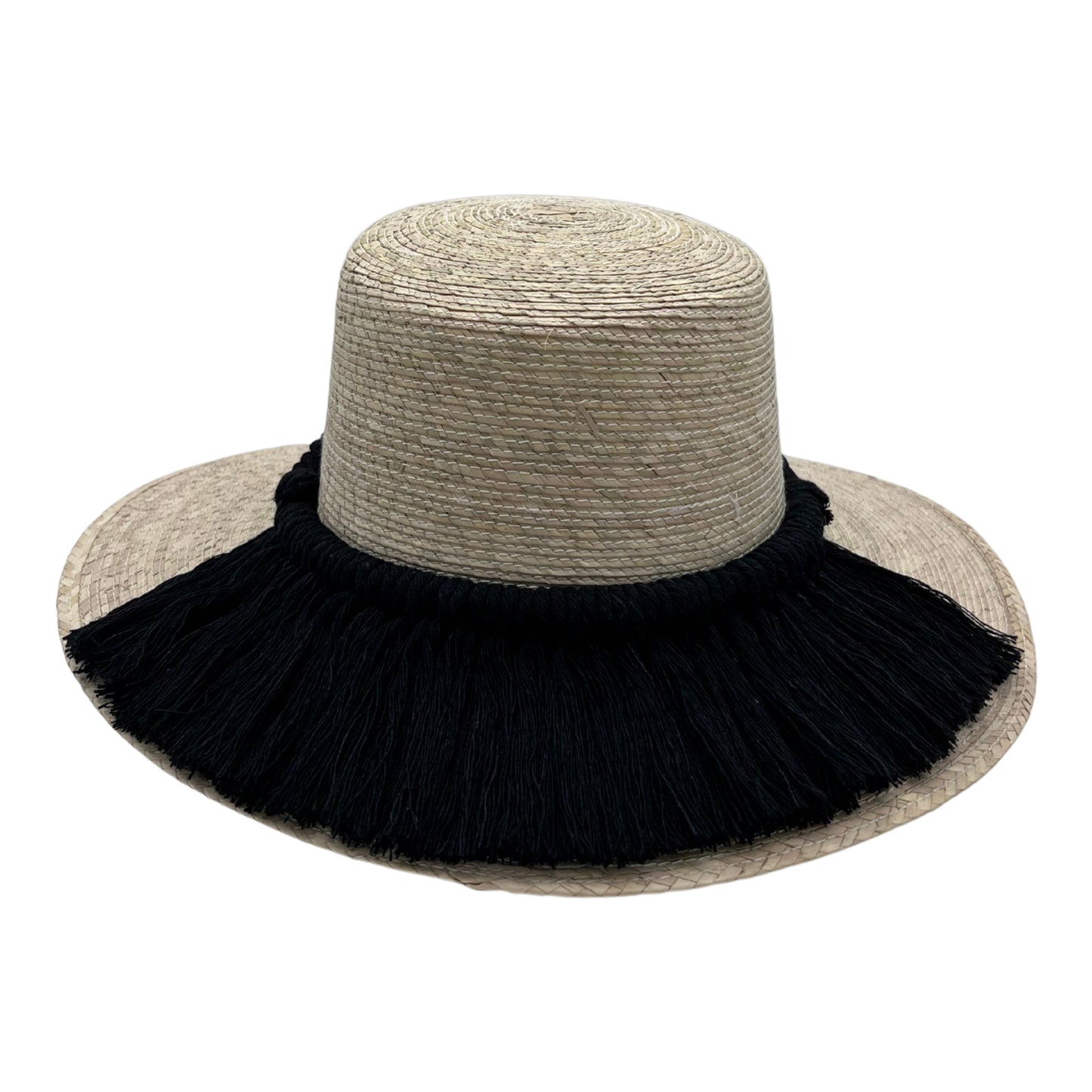 straw hat with a wide brim, featuring a black fringe around the base of the crown.