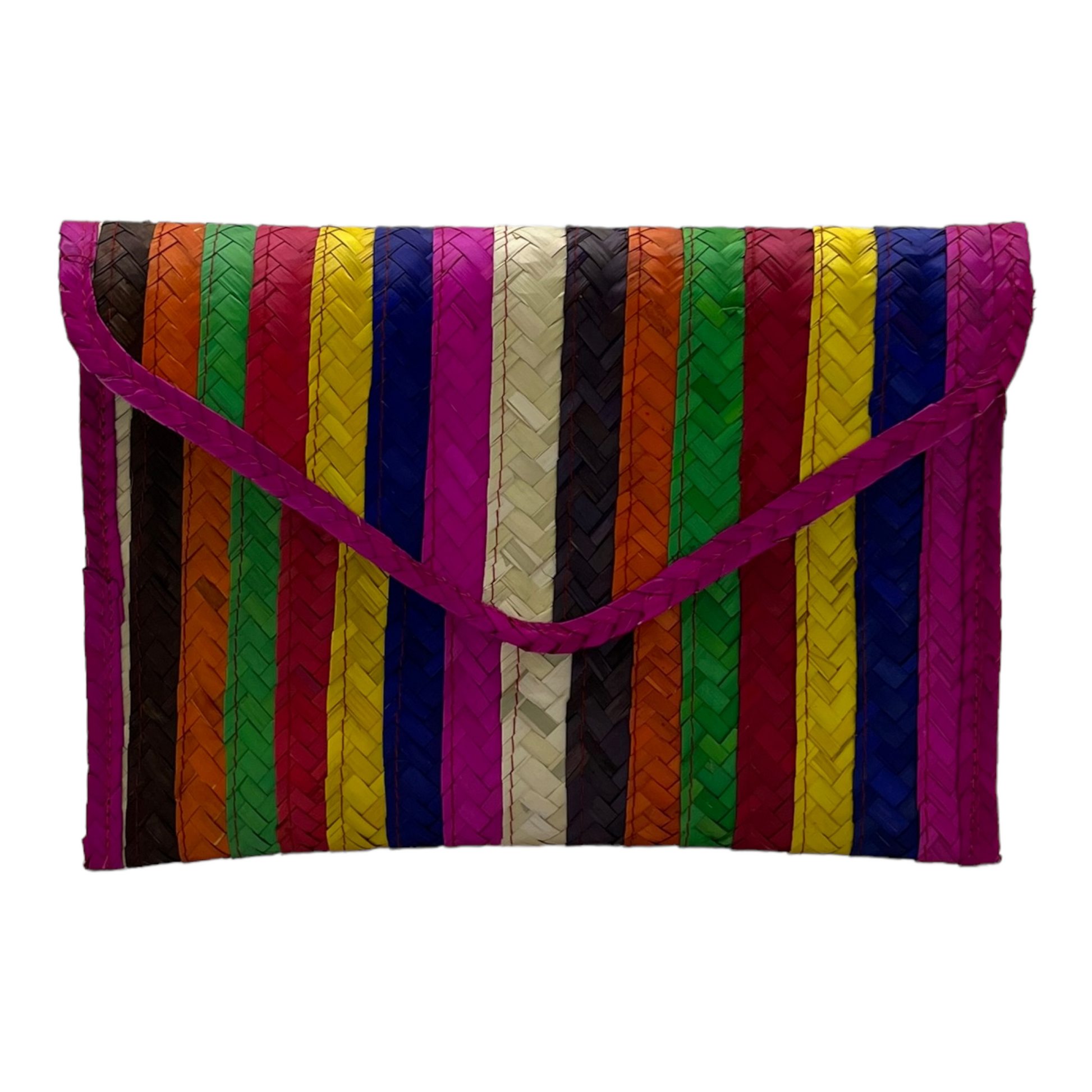 shows a single colorful, handcrafted woven clutch with diagonal stripes in various vibrant colors, including pink, yellow, blue, green, orange, and purple. The clutch has a flap closure.