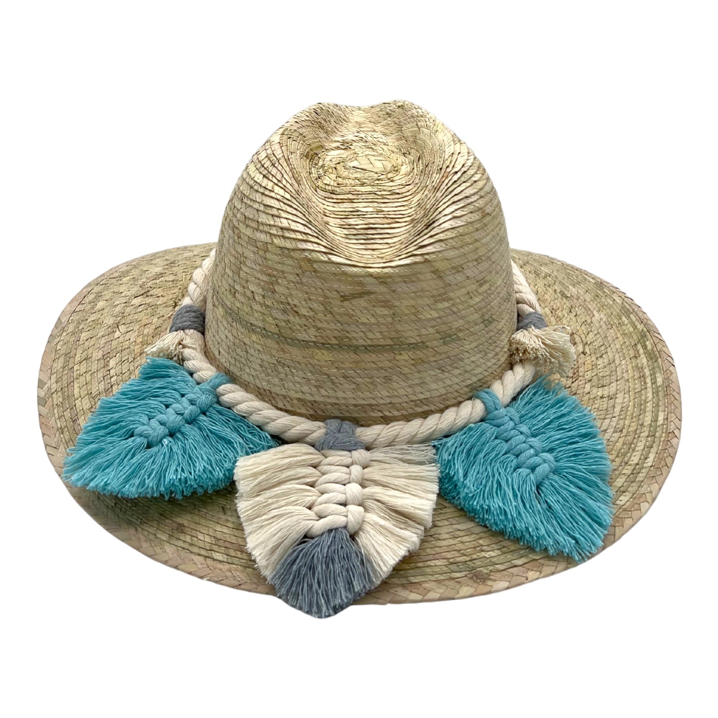 natural fiber handwoven hat with a wide brim, featuring a thick braided band adorned with turquoise, white, and gray tassels.