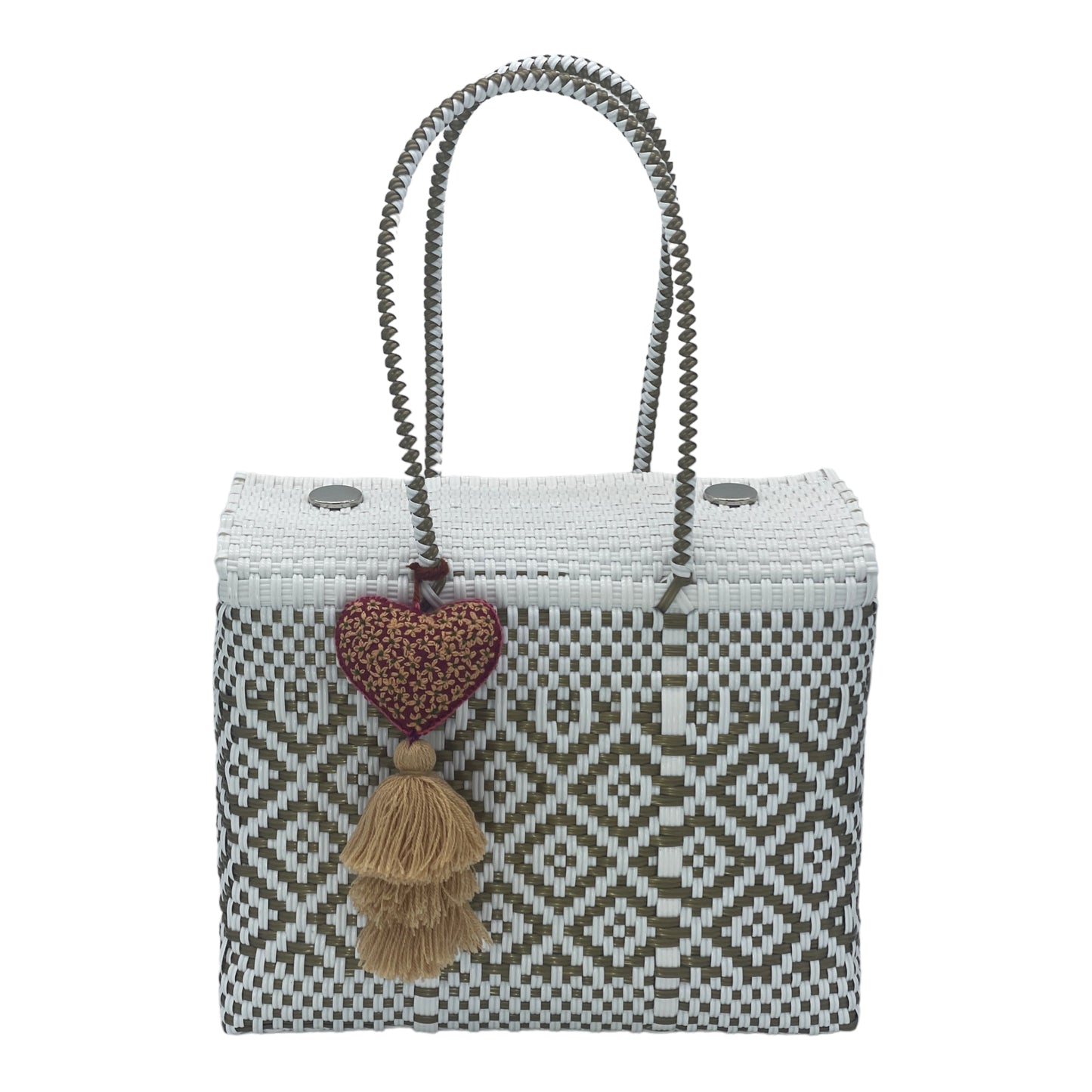 white and green woven handbag with geometric patterns, featuring a decorative b tassel with a heart.