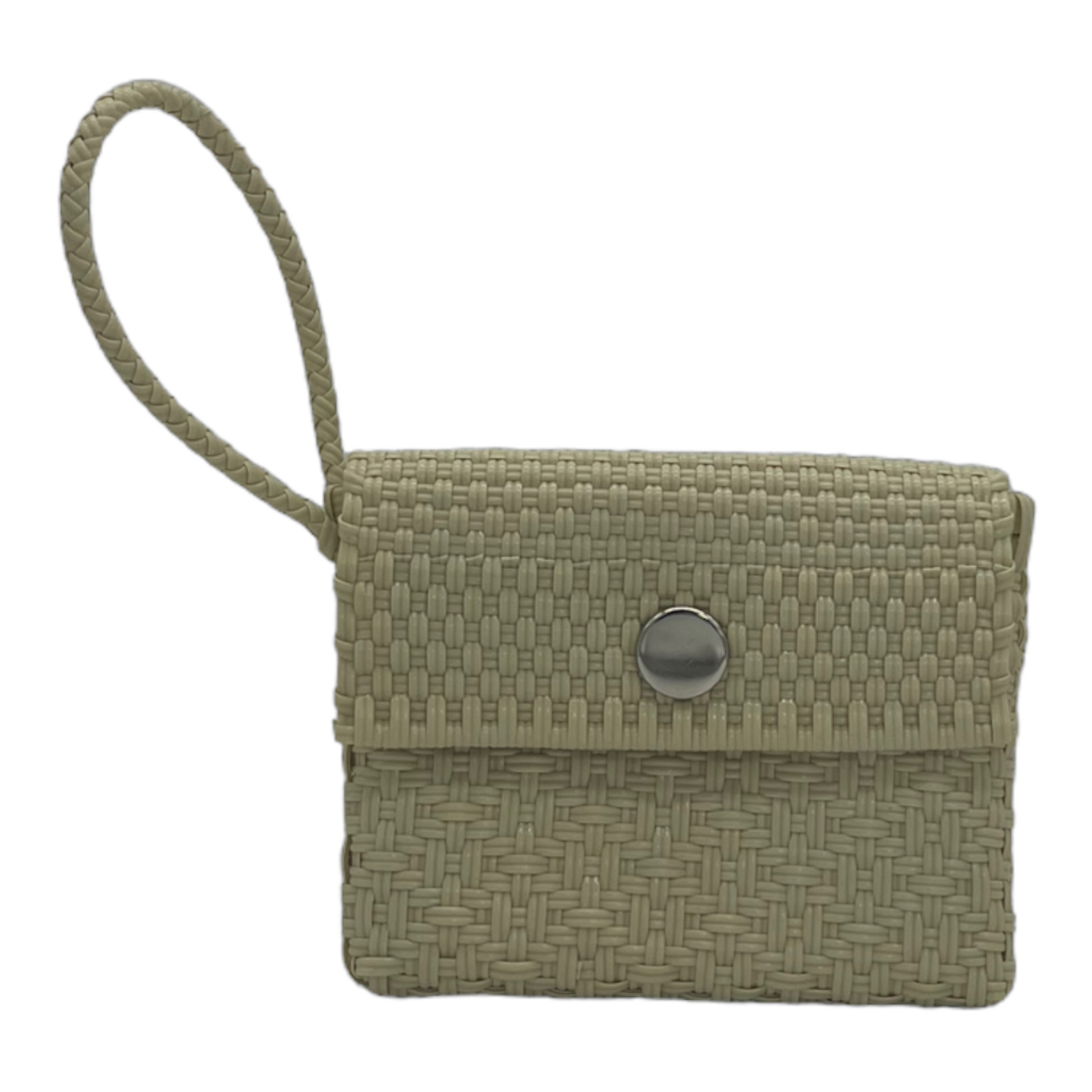 light olive green, handwoven wallet with a structured, rectangular shape and a wrist strap. It is designed with a finely textured surface from tightly interwoven strands and closes with a central silver-toned snap button.