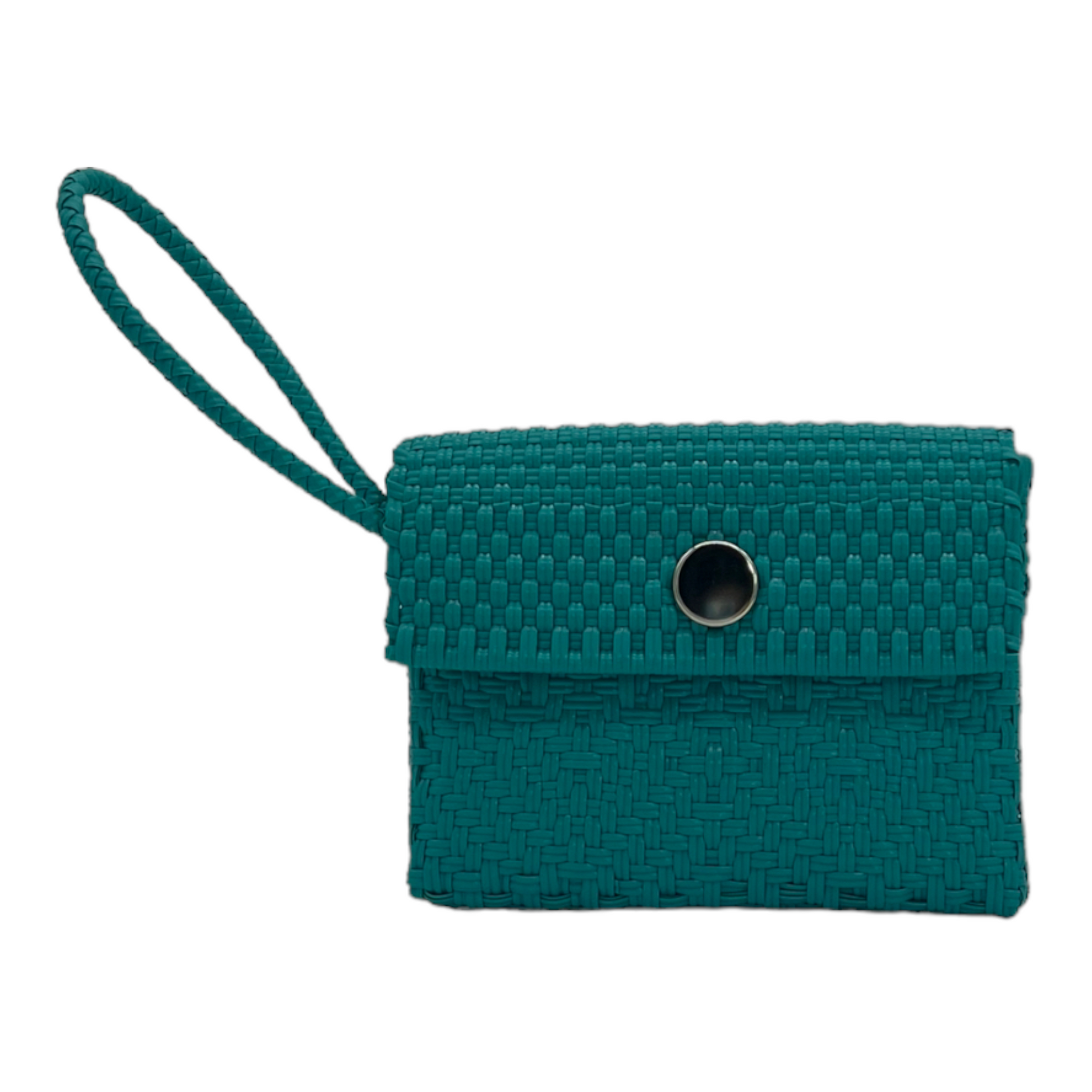 teal wallet with a wrist strap, woven texture, and a central snap button.