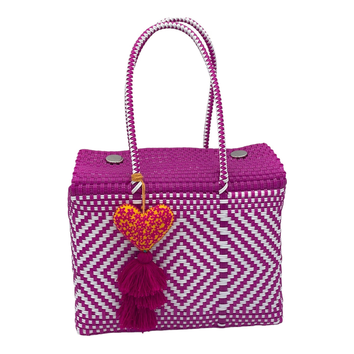 pink and white woven handbag with love pattern, featuring a decorative tassel 