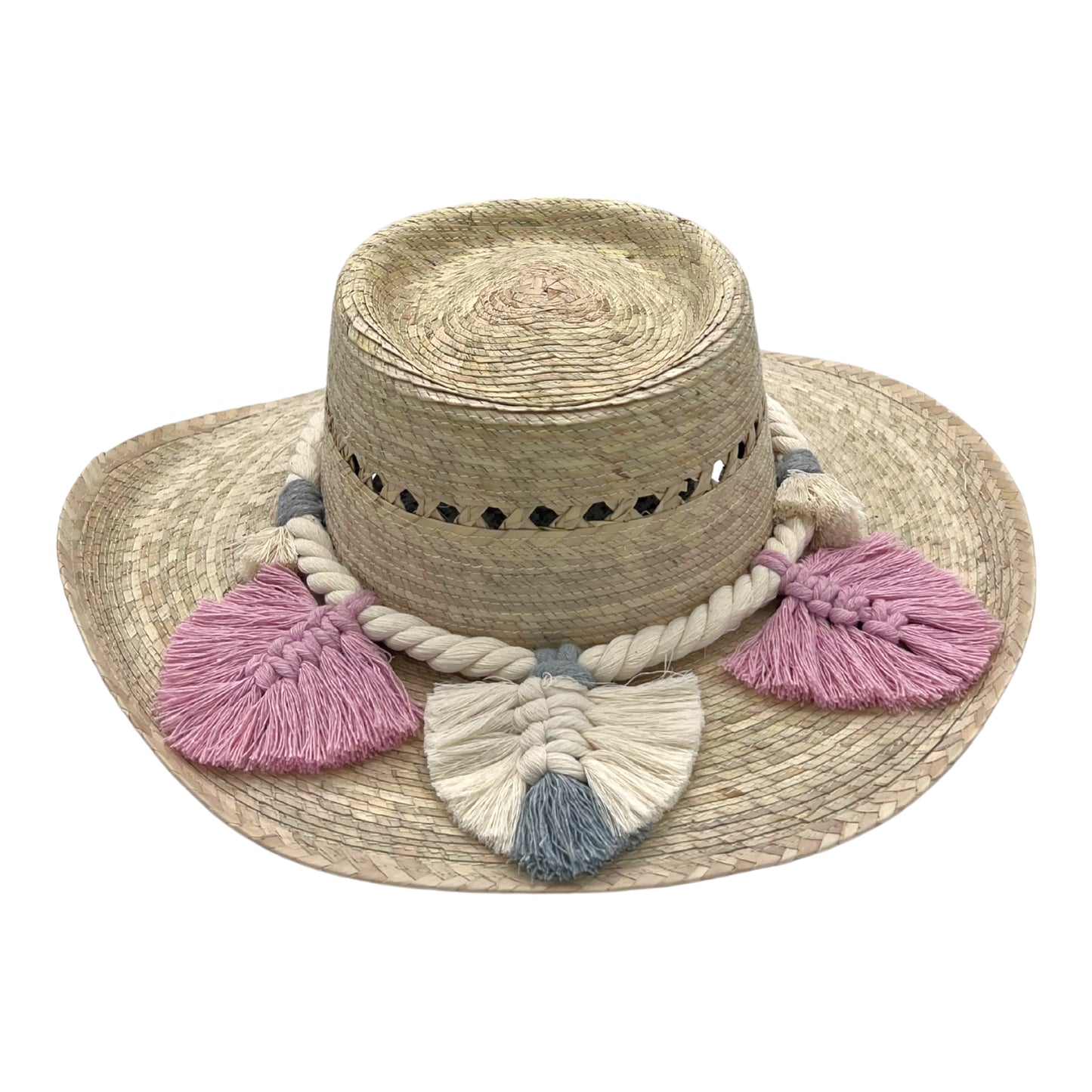 natural straw hat with a flat crown, featuring a braided white band and decorated with pink and cream tassels around the crown.