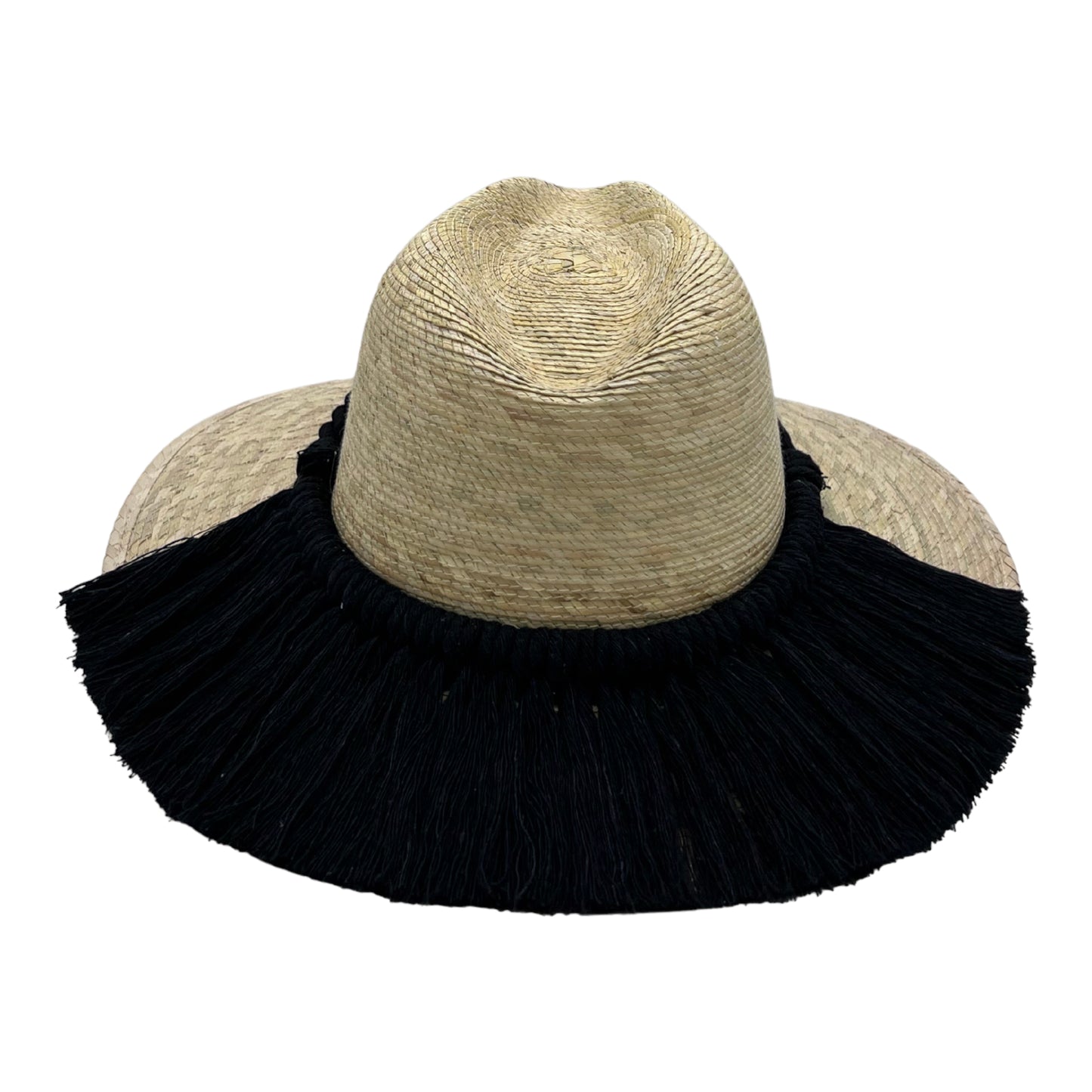 handwoven hat with a wide brim and a thick black fringe band around the crown.