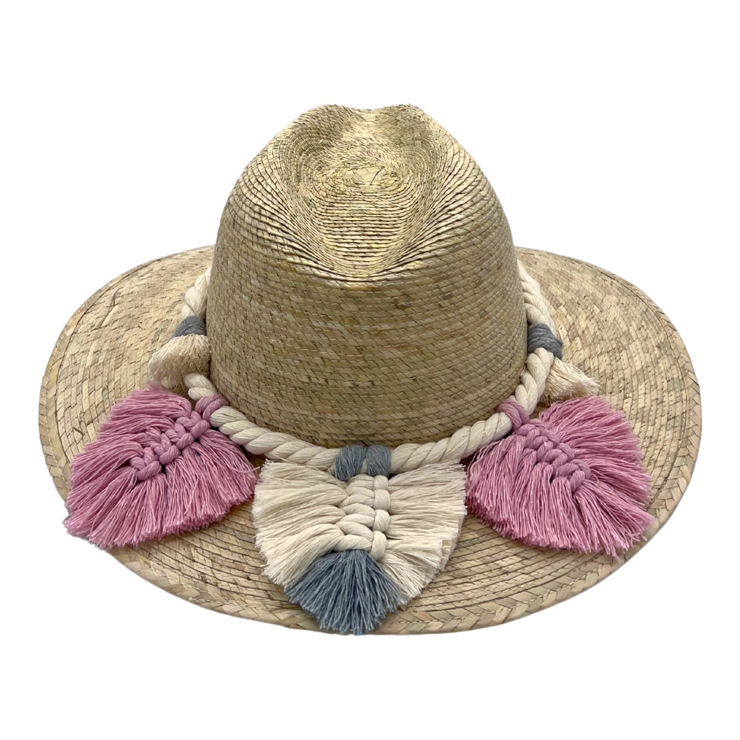 handwoven hat with a wide brim, adorned with a thick braided band featuring pink, white, and gray tassels.