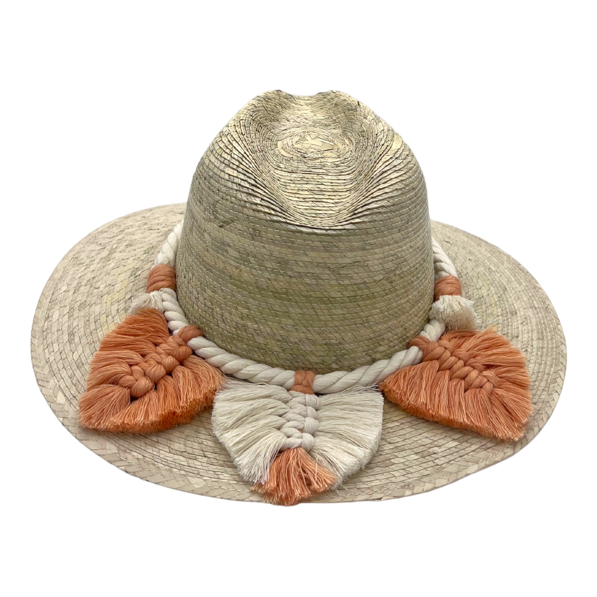 handwoven hat with a thick braided band featuring large orange and beige tassels around the crown.