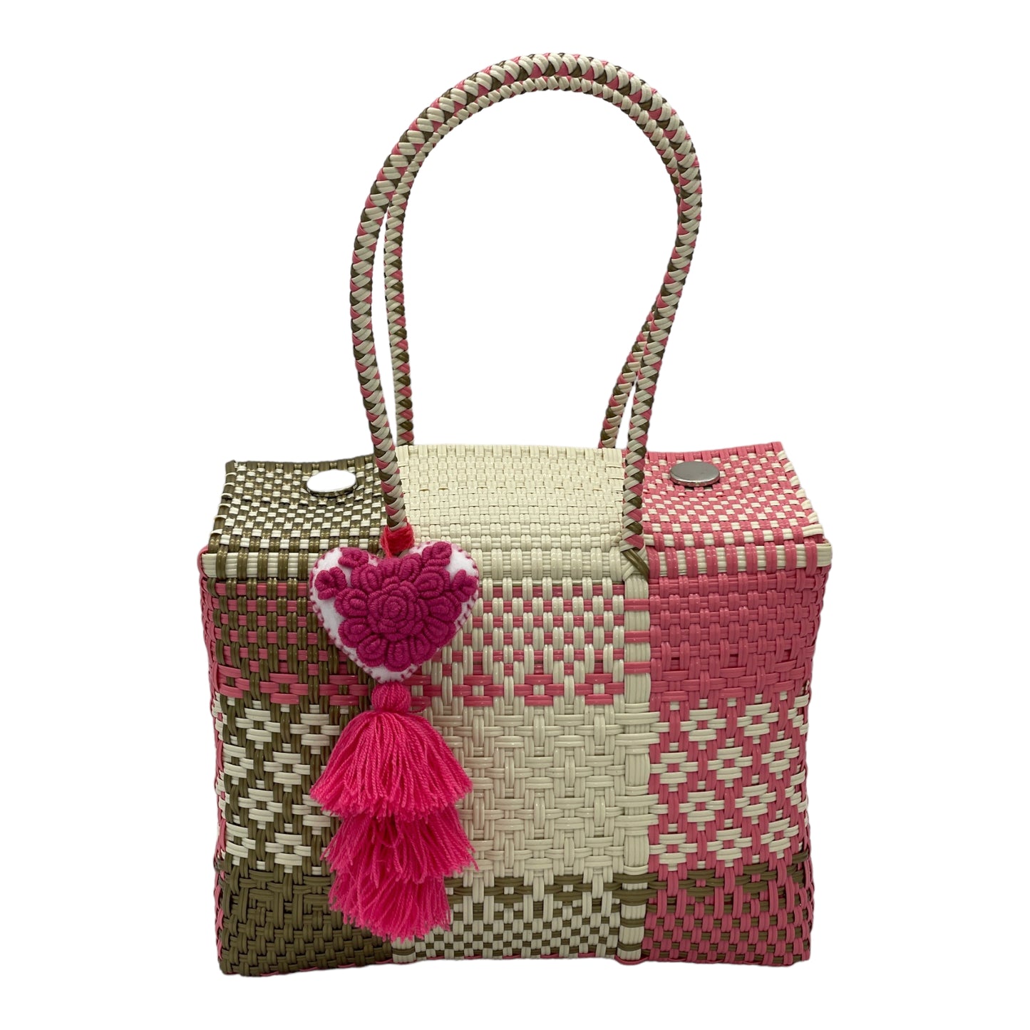 multicolored woven handbag with geometric patterns in pink, beige, and green, featuring a decorative tassel with a heart.