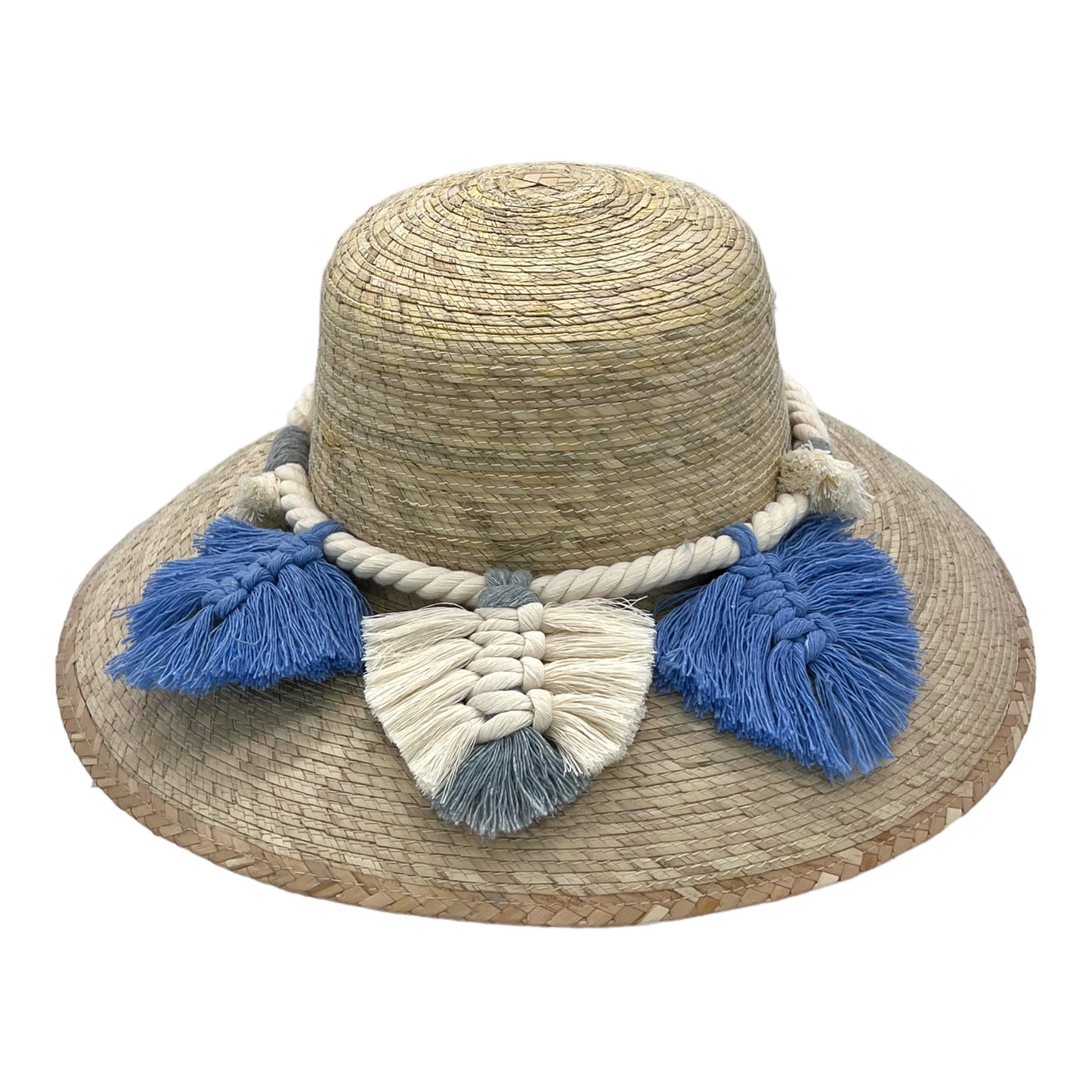 woven straw hat with a wide brim, decorated with blue and beige tassels and a braided band around the crown. The hat has a natural straw color.