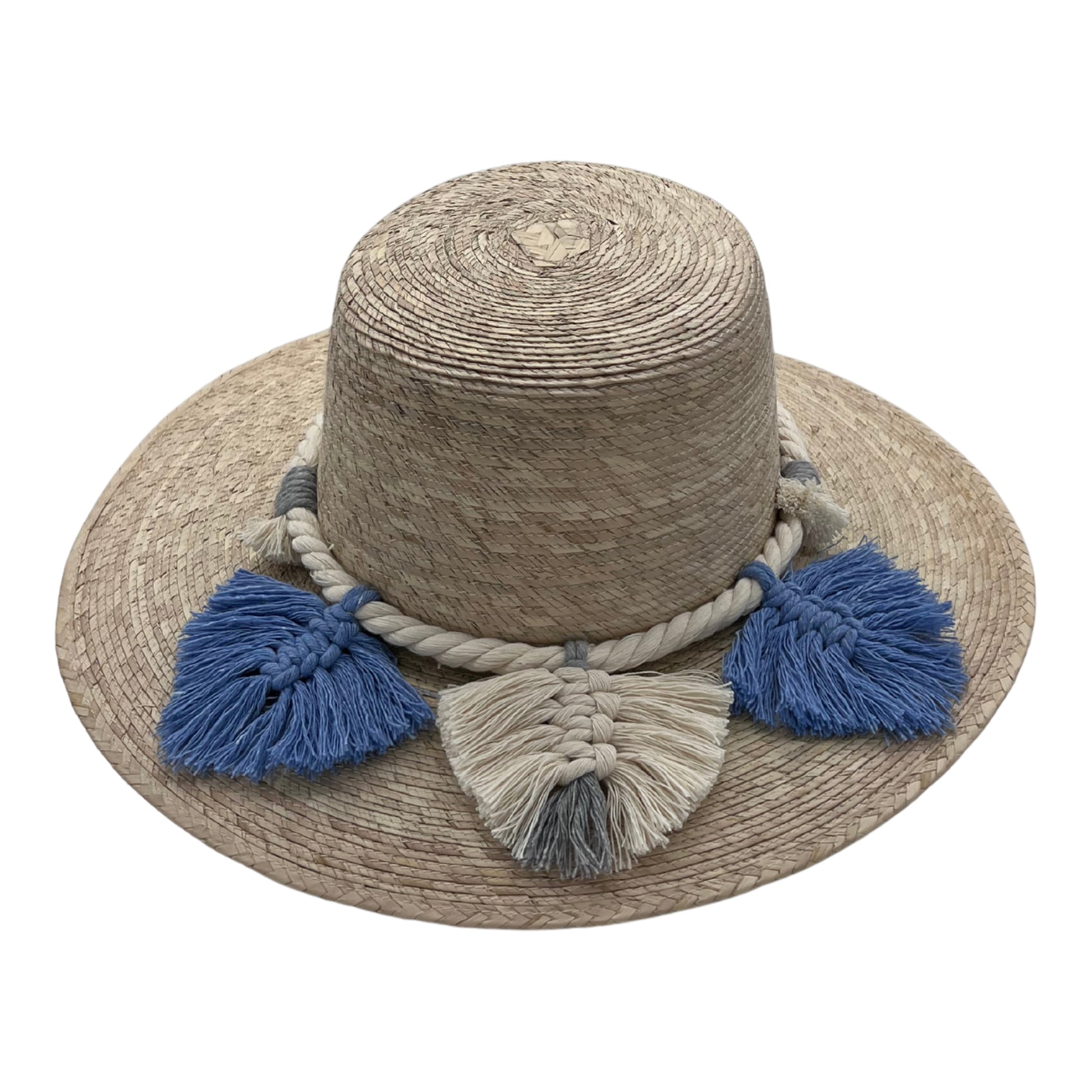 natural straw hat with a wide brim, featuring a braided band decorated with blue and white tassels.