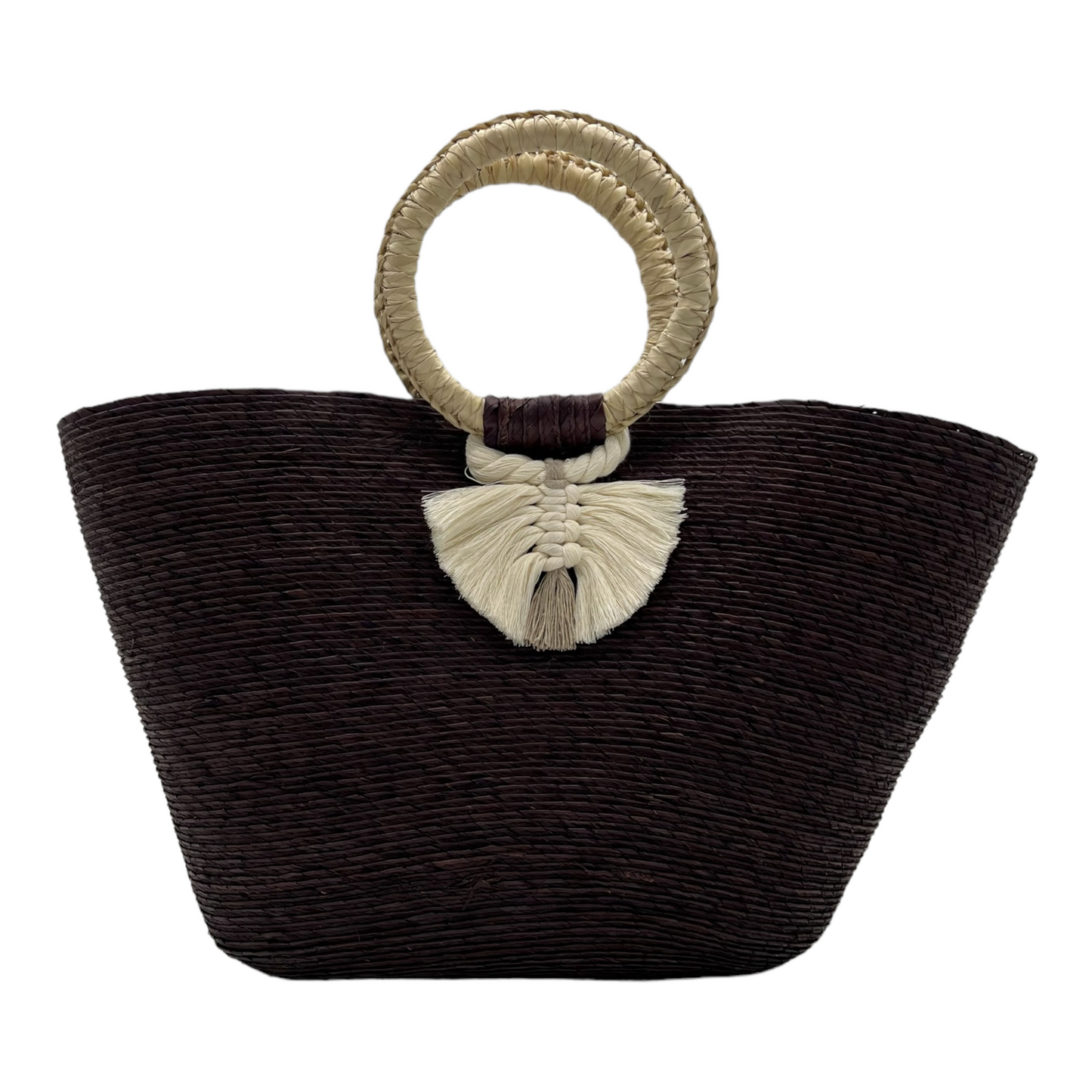 large dark brown woven tote bag made of palm fibers with a circular handle. The bag features a decorative tassel.