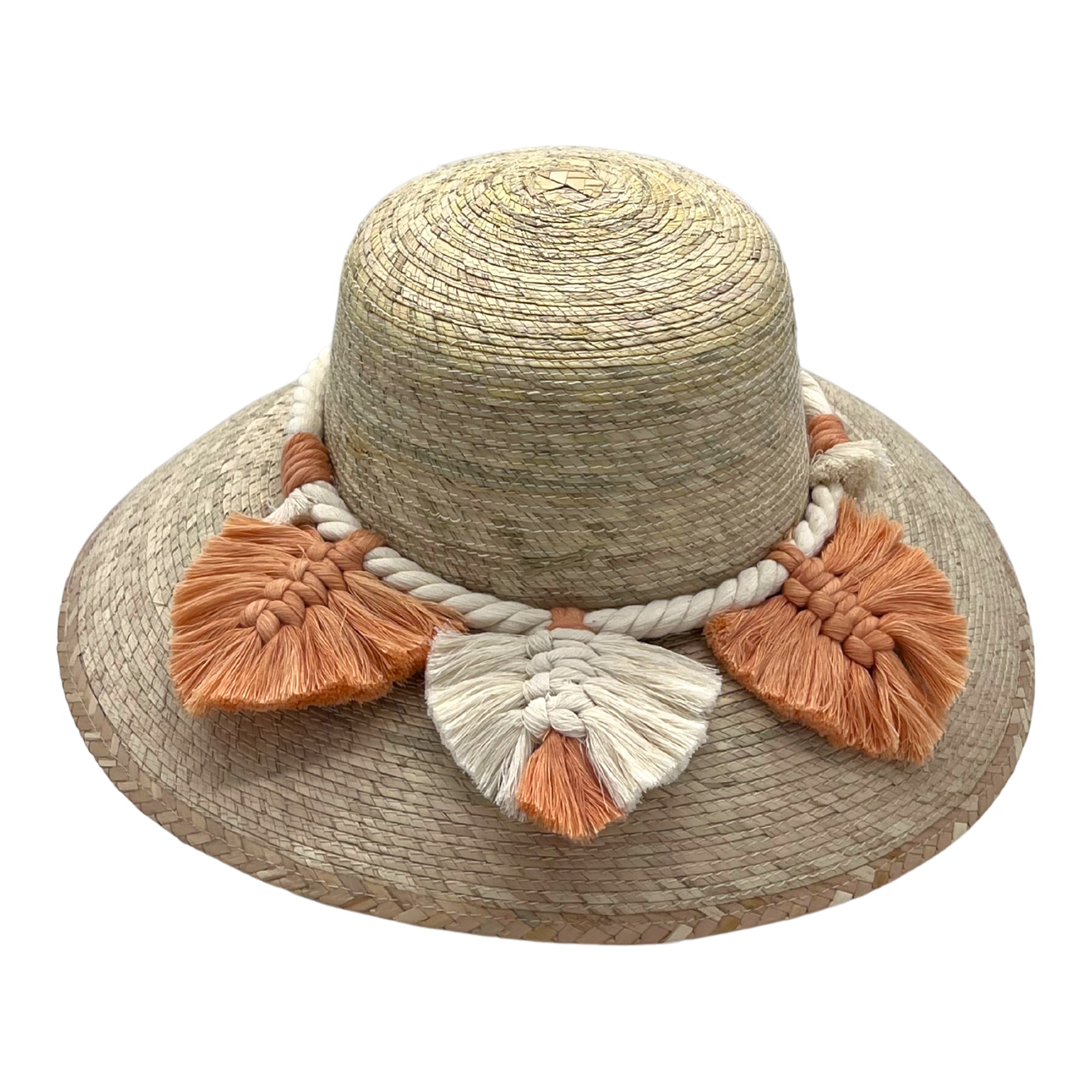 woven straw hat with a wide brim, decorated with orange and beige tassels and a braided band around the crown. The hat has a natural straw color.