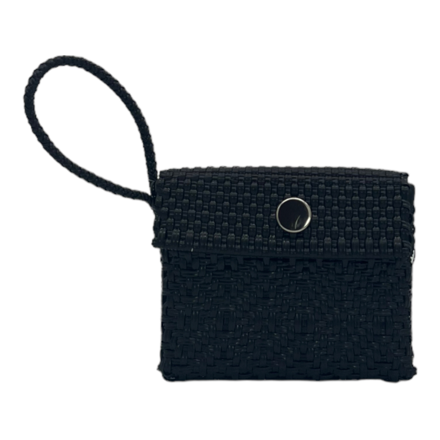 dark black wallet with a wrist strap. It features a woven texture and a central snap closure