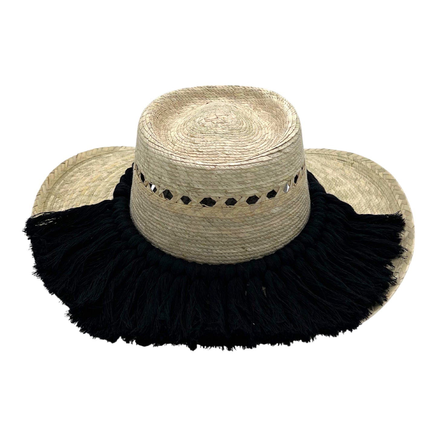 natural straw hat with a flat crown, decorated with a band of black tassels around the base.