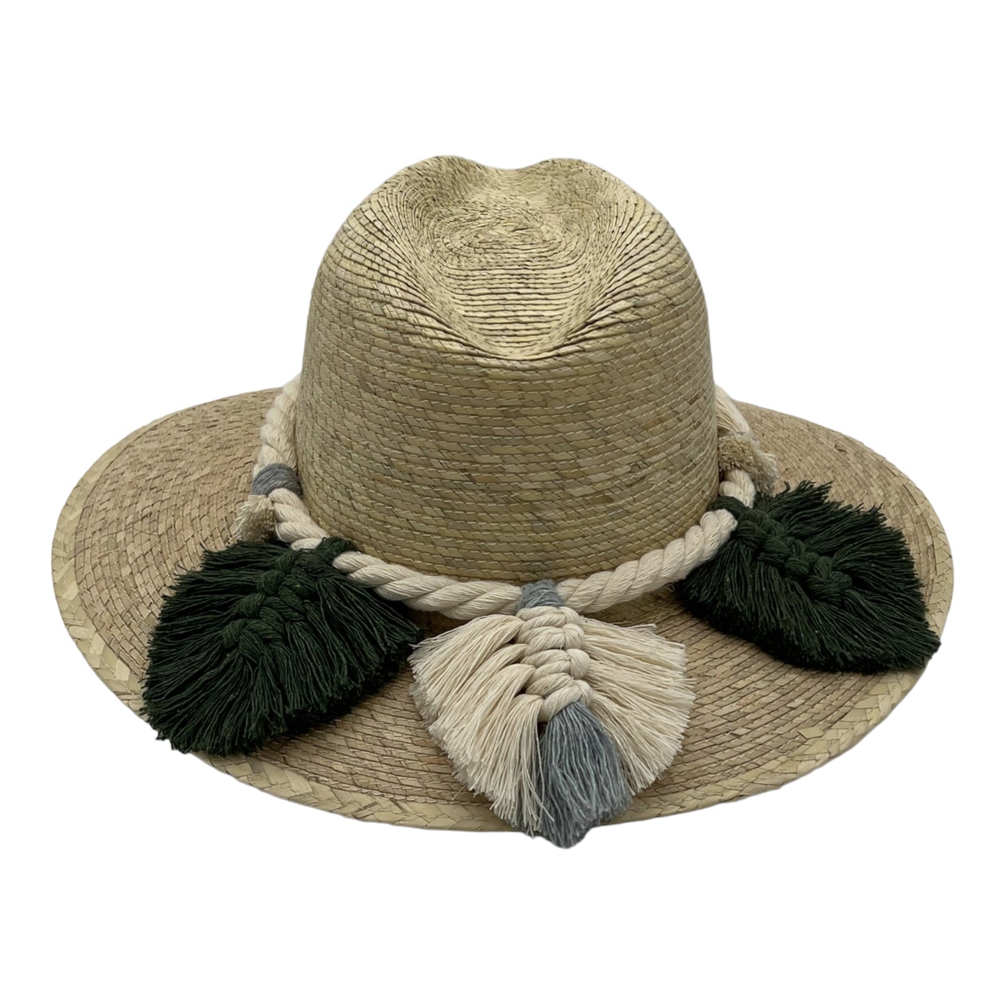 natural fiber handwoven hat adorned with a thick braided band featuring three large tassels in shades of green, beige, and gray.