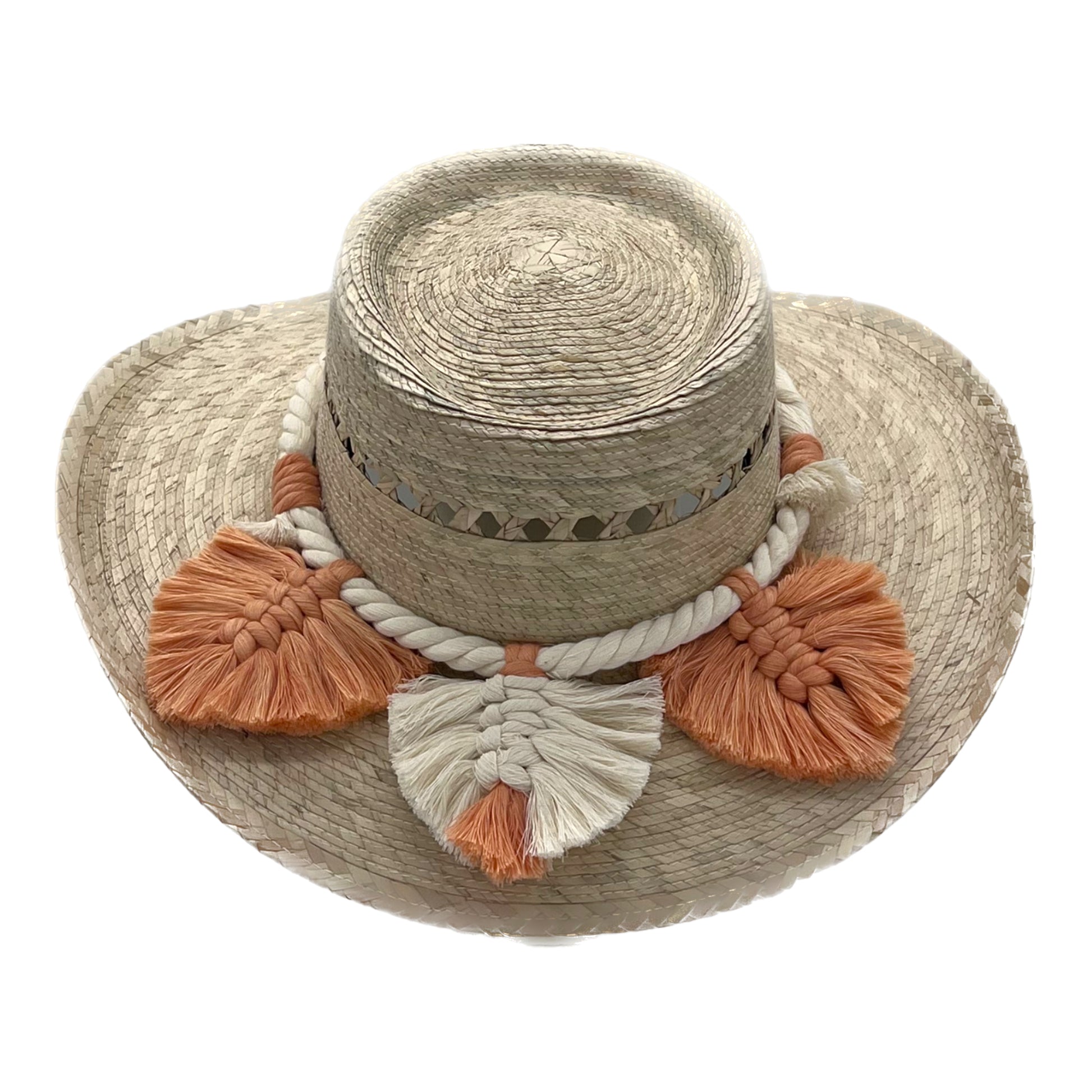 natural straw hat with a flat crown, decorated with a band of orange and white tassels around the base.