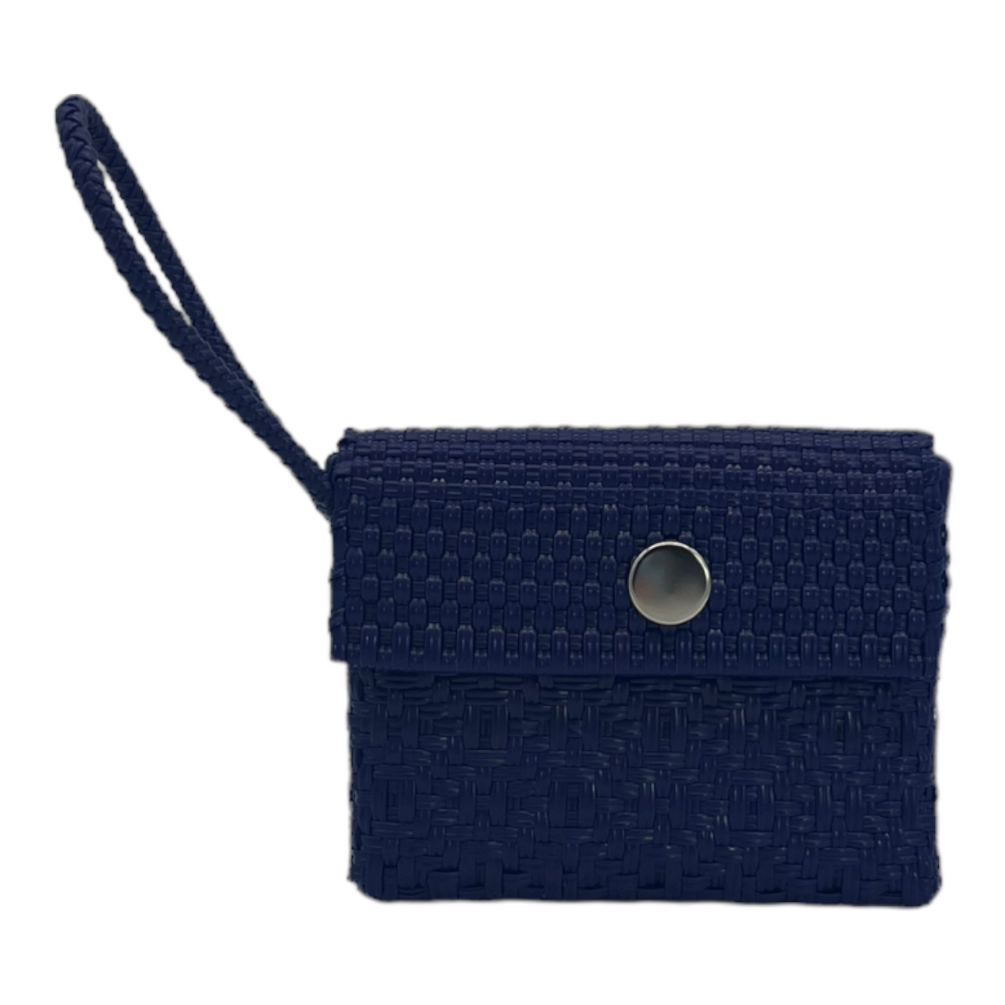 dark blue wallet with a wrist strap, woven texture, and a central snap button.