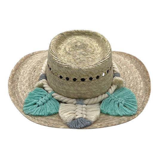 natural straw hat with a flat crown, adorned with decorative braided cotton rope and teal tassels around the base.