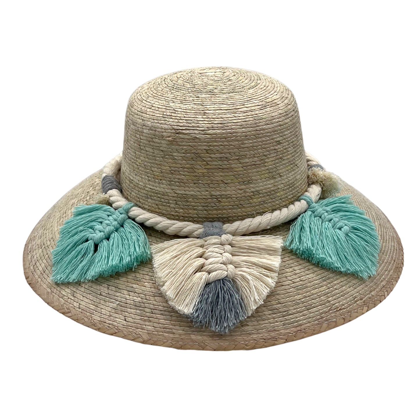 woven straw hat with a wide brim, decorated with turquoise and beige tassels and a braided band around the crown. The hat has a natural straw color.