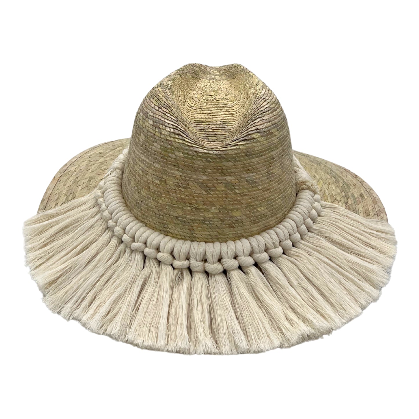 handwoven hat featuring a thick braided band with long beige tassels encircling the crown.