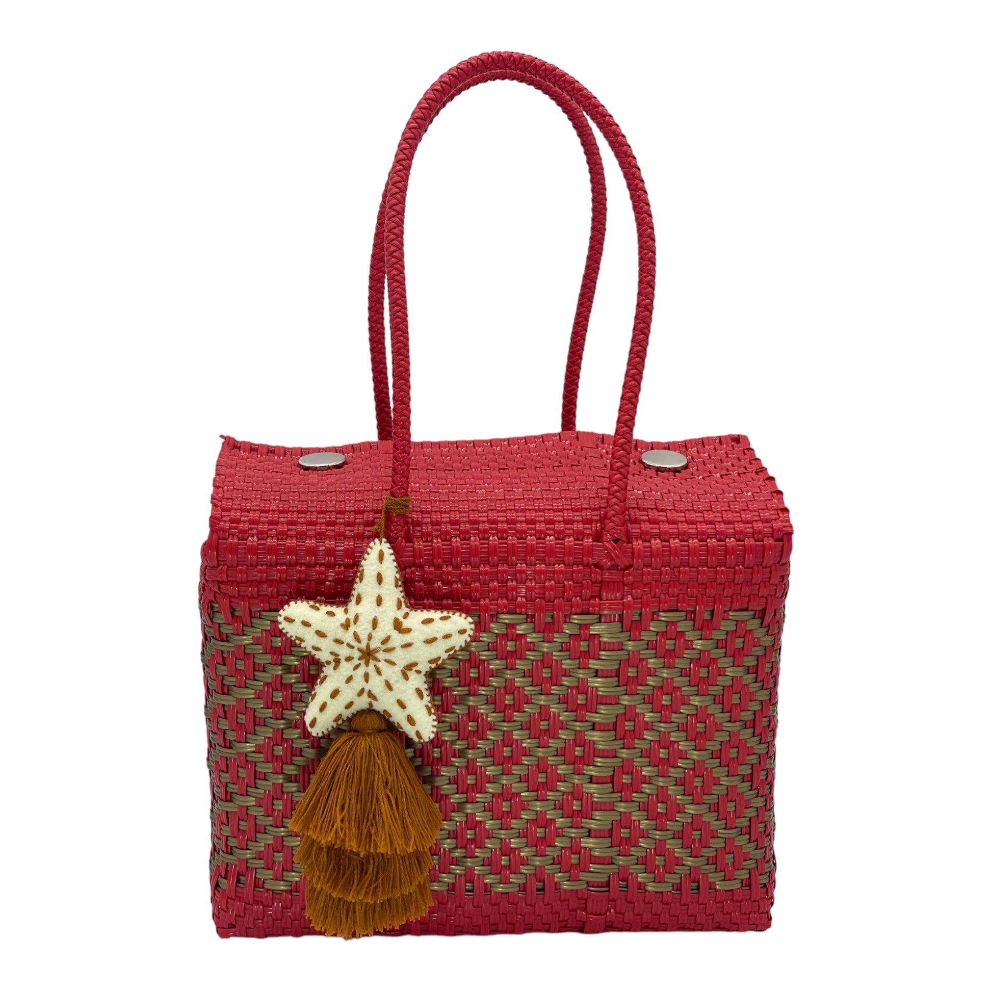 red and tan woven handbag with geometric patterns, featuring a decorative tassel with a star.