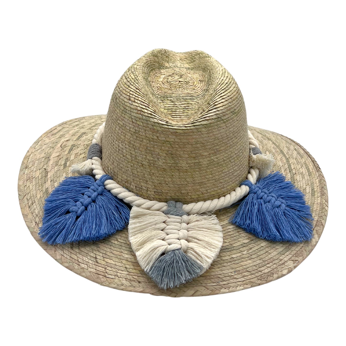 handwoven natural fiber hat with a wide brim, adorned with a braided band and blue, white, and gray tassels.