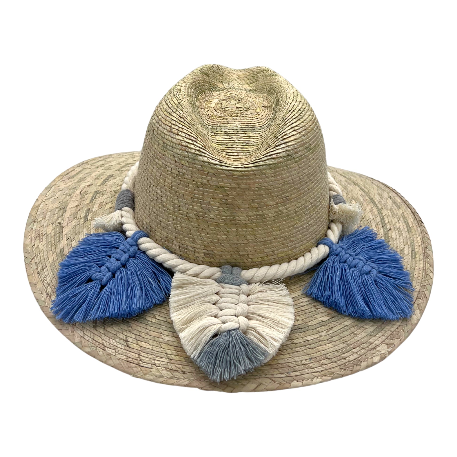 handwoven natural fiber hat with a wide brim, adorned with a braided band and blue, white, and gray tassels.