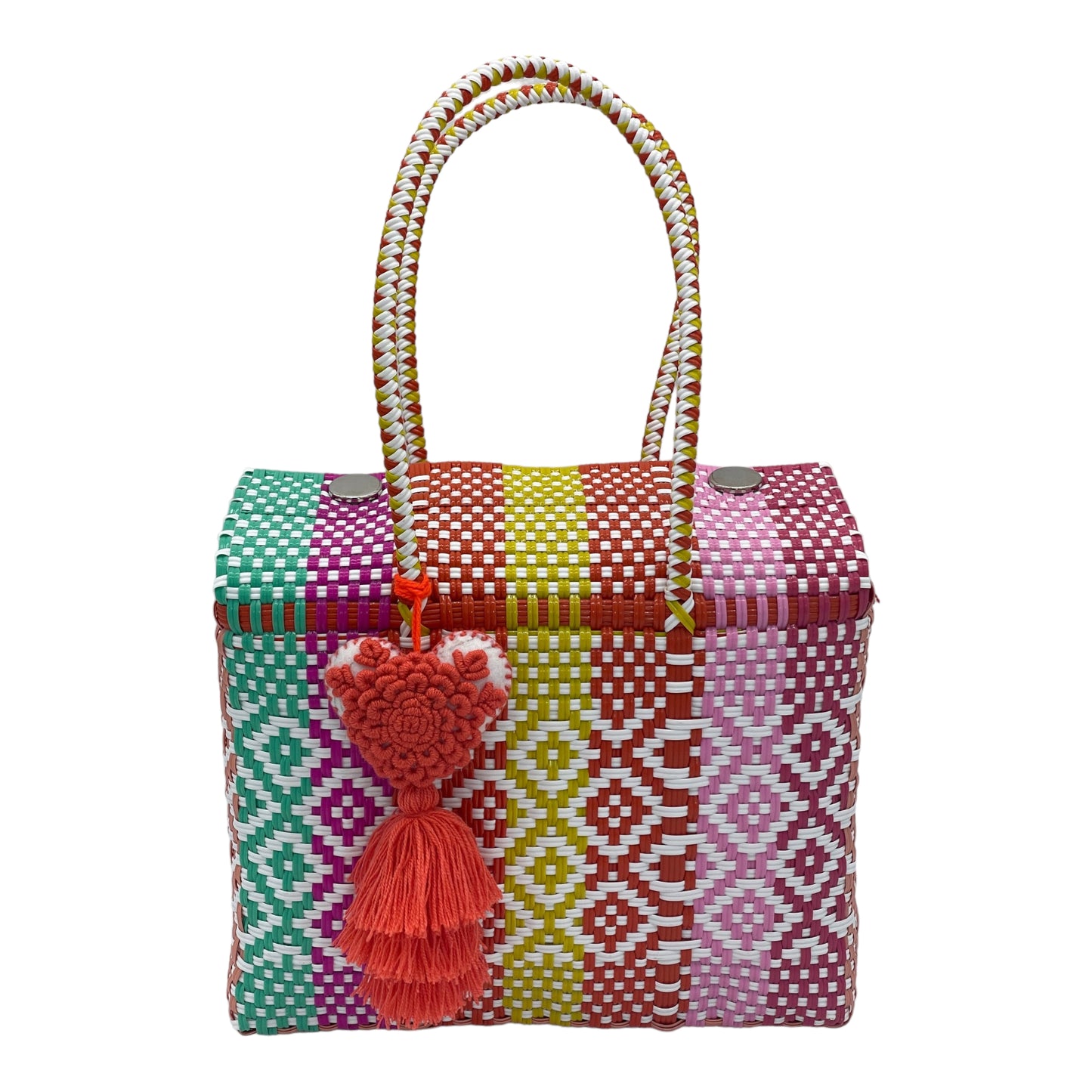 colorful woven handbag with a checkered pattern in green, purple, yellow, orange, and pink, featuring a decorative pompon.