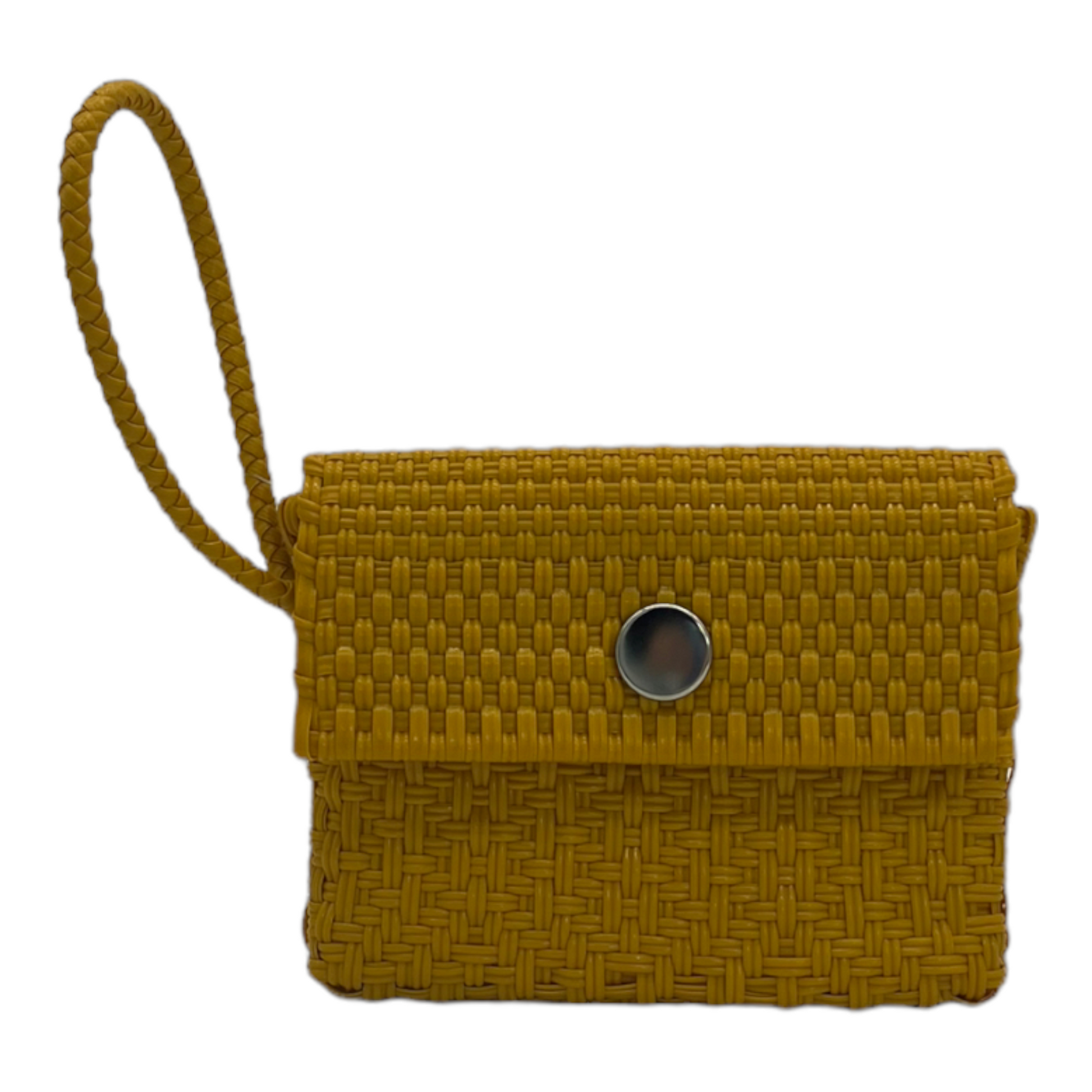 mustard yellow, handwoven wallet with a structured, rectangular shape and a wrist strap. The wallet has a textured surface created by tightly interwoven strands and is secured with a black snap button.