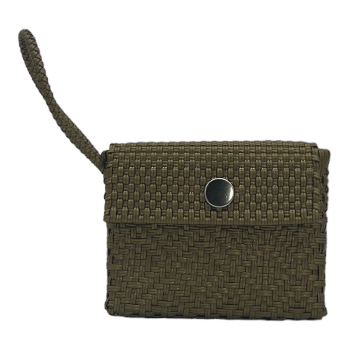 olive green, handwoven wallet featuring a compact, boxy design with a wrist strap. The wallet has a uniform textured surface, achieved through tightly woven plastic strands, and fastens with a black snap button at the front.