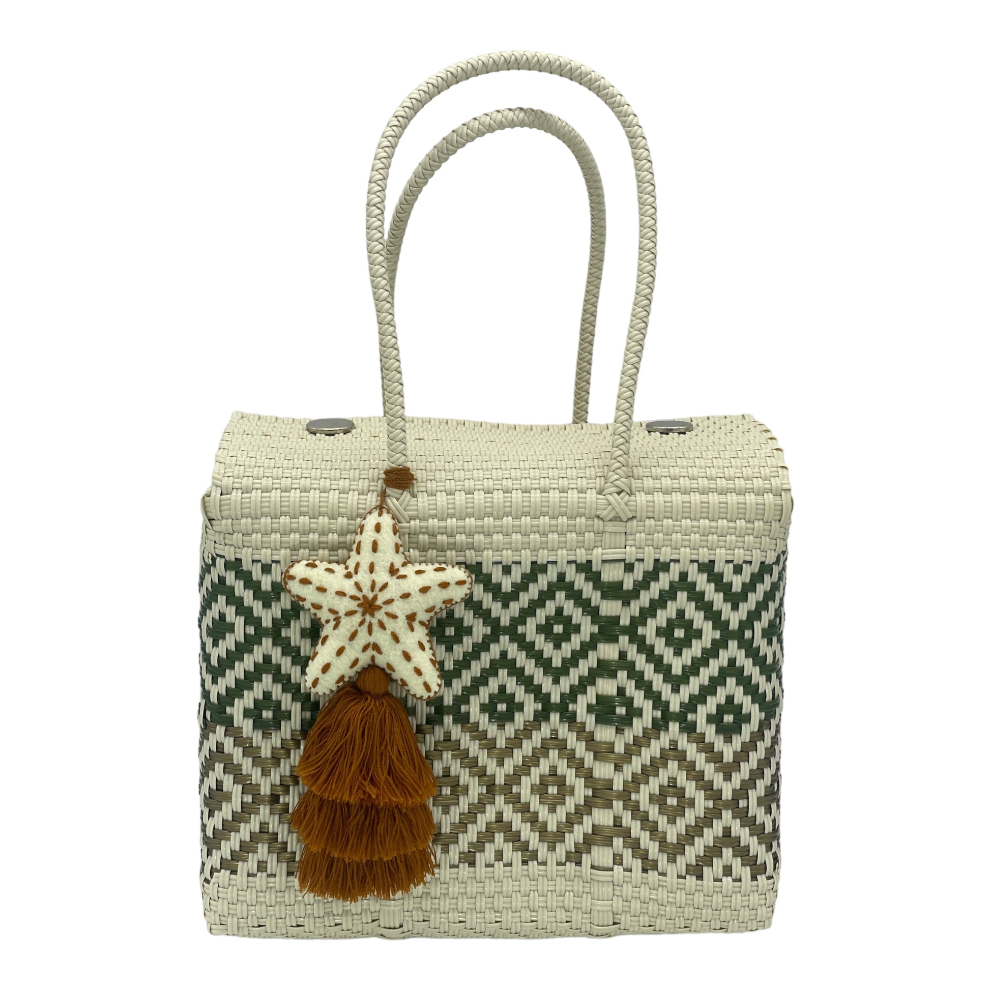 beige and green woven handbag with geometric patterns, featuring a decorative starfish-shaped tassel