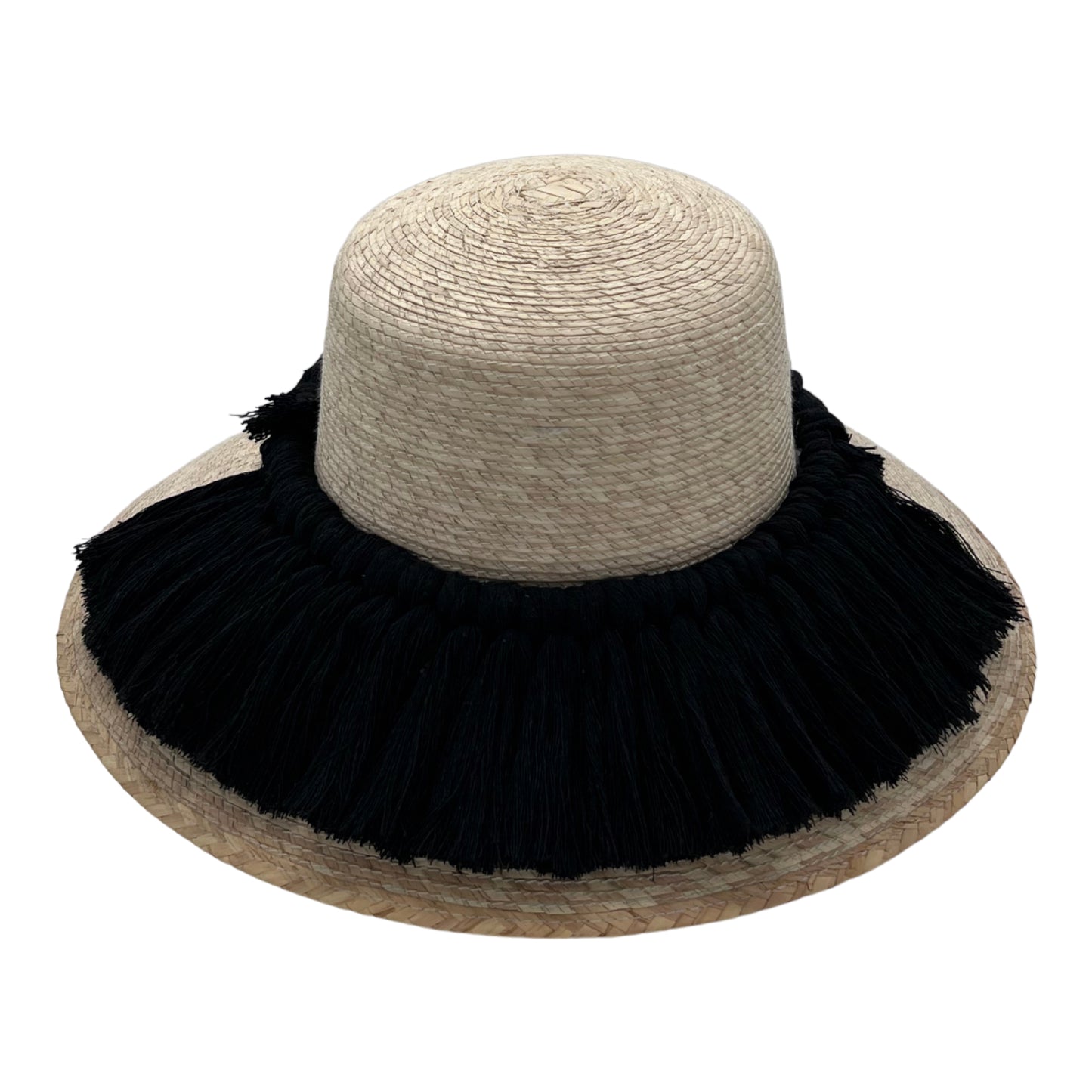 woven straw hat with a wide brim, decorated with a band of black fringe around the base of the crown. The hat has a natural straw color.