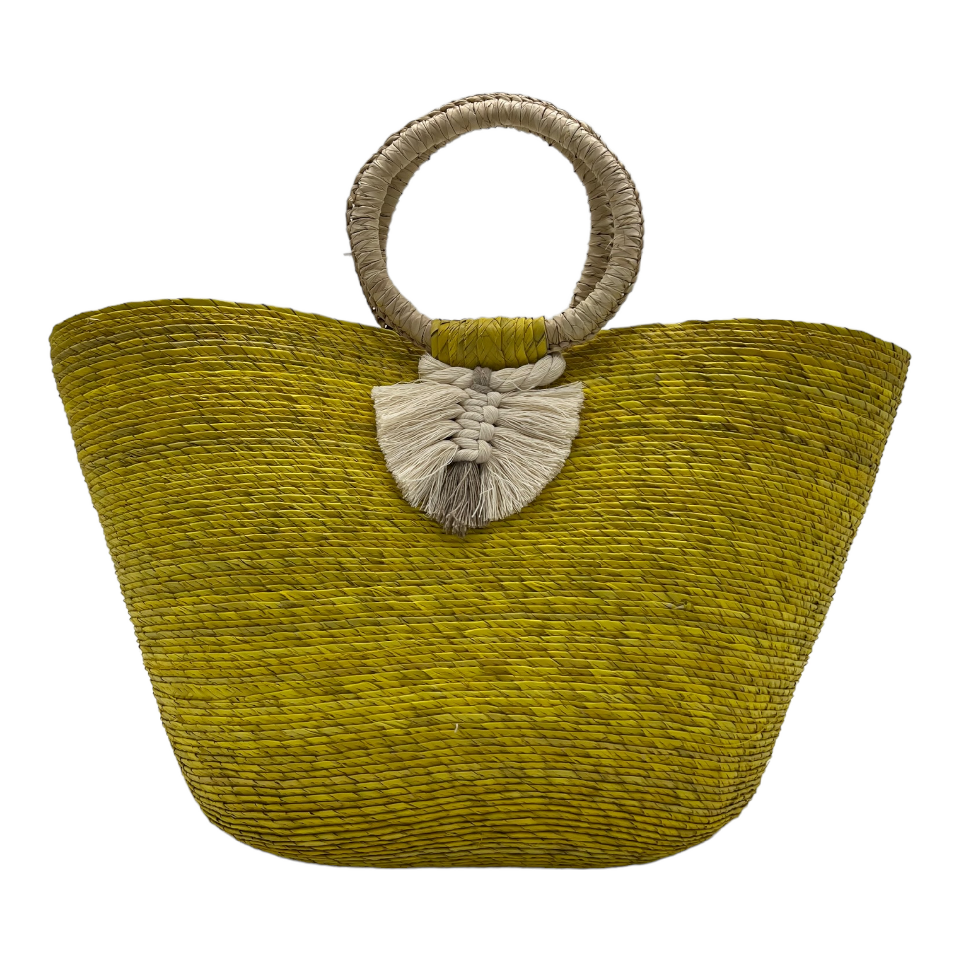 large yellow woven tote bag made of palm fibers with a circular handle. The bag features a decorative tassel.