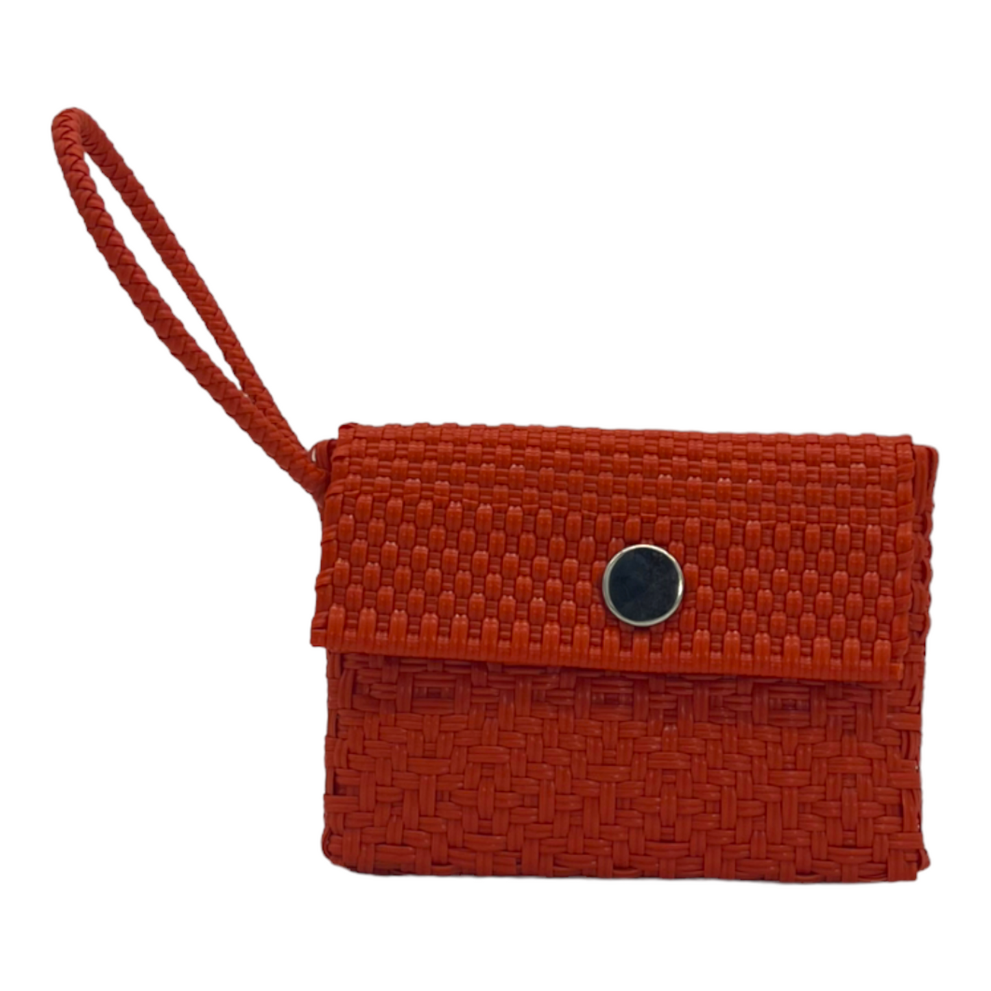 orange wallet with a wrist strap, woven texture, and a central snap button.