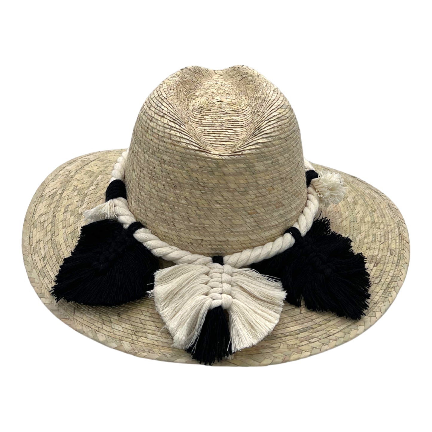 handwoven hat with a wide brim, adorned with a thick braided band featuring black and white tassels